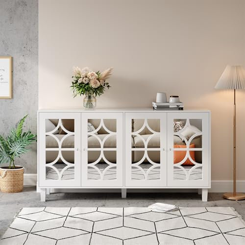 GYNGTLC Sideboard mit Spiegel,Weiß verspiegelte Anrichte mit kühlen Kristallgriffen, mit beweglichem Laminat.für Wohn- und Esszimmer (Weiß)