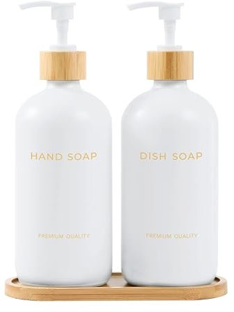 Hand and Dish Soap Dispenser Set - Kitchen Soap Dispenser Set with Tray - Glass Bottles for Kitchen Sink - Housewarming Gift, Countertop Decor, Boho Home Decor (Gold)