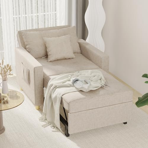 YODOLLA 192cm schlafsessel, 3-in-1 Schlaferstuhl, Ausziehbar Schlaferstuhl mit Bettfunktion, Schlafsofa mit Seitentasche und Regulierbarer Rückenlehne für Gästezimmer & kleine Wohnung, Beige