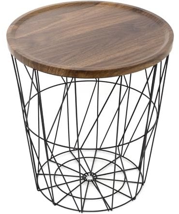 Carousel Home Modern Black Metal Storage Side Table with Wooden Lid | Round Wire Basket Table for Living Room Bedroom - 40cm