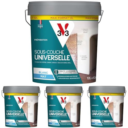 V33 SOUS-COUCHE UNIVERSELLE, Préparation avant peinture et papier peint, multi-supports, Blanc mat, 10L (Lot de 4)