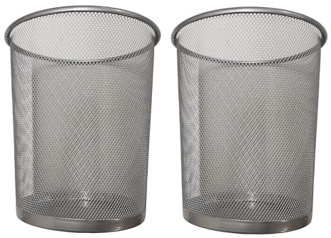 DIVCHI Round Trash Can Bin - 2 Pack Silver Non-Slip Mesh Bins Waste Paper Bin Sturdy Metal Bin Indoor Waste Bin for Home Bedroom Office Bathroom Living Room & Kitchen (Silver)