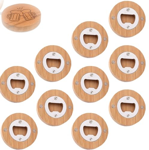 Abrebotellas magnéticos de madera, 10 unidades, abridor de cerveza redondo, abrebotellas portátil de bambú, con debilitamiento de campo, adsorbible para imanes de nevera personalizados, 6 cm de