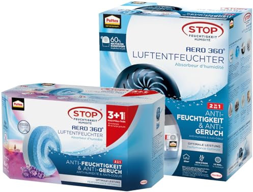 Pattex AERO 360º Luftentfeuchter, ultra-absorbierender, nachfüllbarer Raumluftentfeuchter, 1 Gerät inkl. 1 Nachfülltab & Nachfüll Tabs Lavendel, geruchsneutralisierend, Nachfüllpack (3+1)
