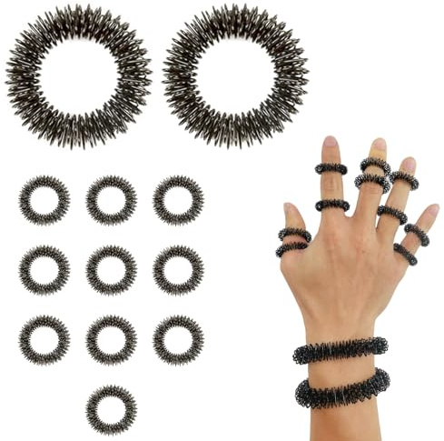 NICEIN 12 Stück Finger Massageringe und Massage Armbänder (10 Ringe, 2 Armbänder), Stressabbau Kinder Akupressur Ring, Arthrose Ringe, Schwarz Akkupressurringe, Skills Ringe für das Handgelenk