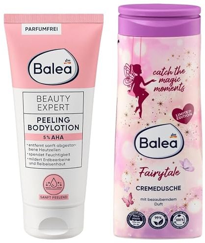 Balea Peeling Bodylotion Beauty Expert 5% AHA + Cremedusche Fairytale | Lotion mit Peeling-Effekt bei Reibeisenhaut feuchtigkeitsspendend parfümfrei, 200 ml + Duschgel mit Wellness Spa Duft, 300 ml