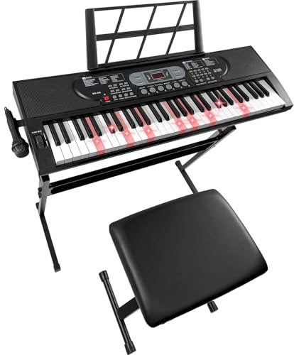 Jacgood 61 Key Piano Keyboard with Lighted up Keys, Electronic Piano Keyboard for Beginners, Bench, Tablet/Sheet Music Stand, 200 Sounds, Speakers, Stand, Microphone, Note Stickers, 3 Teaching Modes