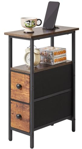 YMYNY Narrow Side Table, Slim Bedside Table with 2 Fabric Drawers, Nightstand for Small Spaces, Sofa Table with Open Storage Shelf for Bedroom Living Room, Rustic Brown HST019H