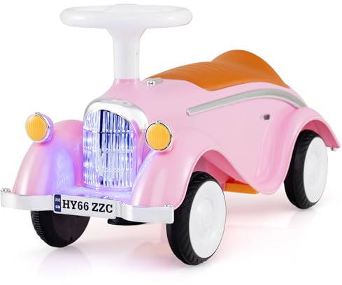 FANTASK Kinder Rutschauto, Schiebeauto mit Lenkrad & Hupe & LED-Scheinwerfer, Retro Classic Rutschfahrzeug mit Stauraum unter Sitz, Laufwagen für Kinder ab 1 Jahr (Rosa)