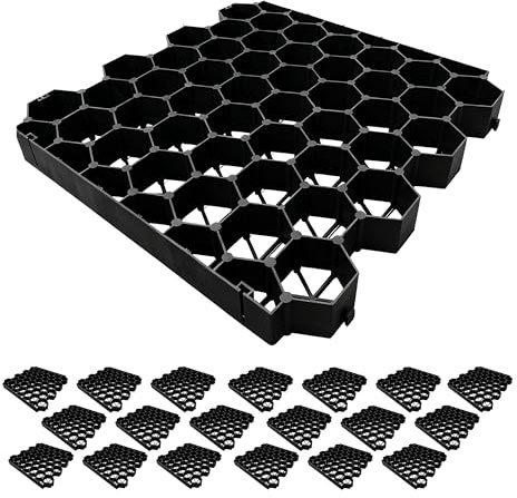 Relaxdays Rasengitter Kunststoff, 20er Set, 4x50x50 cm, ohne Unterbau, befahrbar, Paddockplatten, Rasenplatten, schwarz