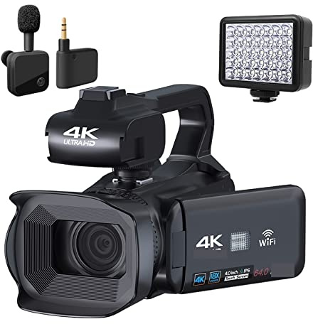 Videocamera, 18X Zoom 4K Camcorder Fotocamera digitale for fotografia Live Streaming Schermo da 4 pollici Webcam Videocamera 64 MP Registratore(128G SD Card,With MIC Light)