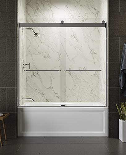 KOHLER K-706006-L-SH Levity Bypass Bath Door with Towel Bar and 1/4-Inch Crystal Clear Glass in Bright Silver