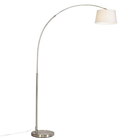 Qazqa - Moderne Bogenlampe aus Stahl I Silber I nickel matt mit weißem Stoffschirm - Arc Basic I Wohnzimmer - Stahl Rund - LED geeignet E27