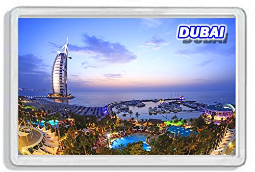 AWS Kühlschrankmagnet aus Hartplastik, Vereinigte Arabische Emirate, Souvenir mit fotografischer Abbildung der Stadt Dubai