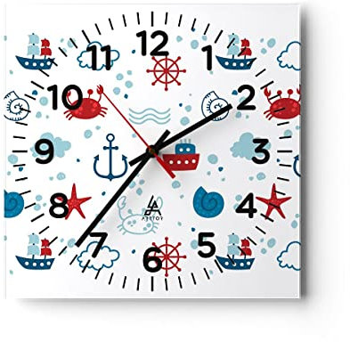 Modern Wanduhr Meer Boot Anker Schiff 40x40cm Quadrat Groß Wand Uhr Glas Analog Zimmeruhren Küche Büro Wohnzimmer Glasuhr Wall Clock Dekoration Design Wanddekoration Küchenuhr C4AC40x40-2889