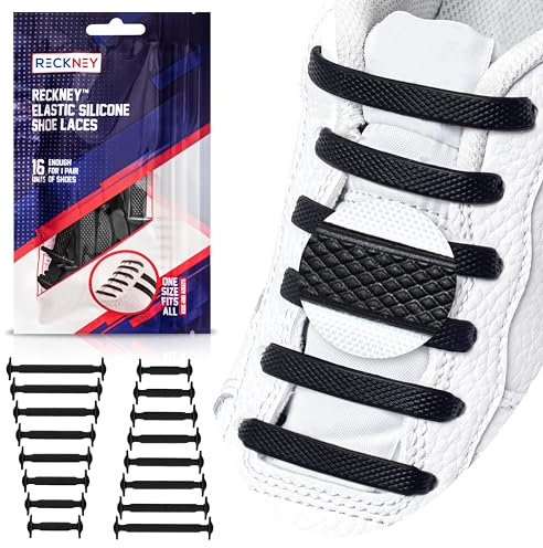 RECKNEY Lacci per Scarpe Senza Nodo Piatti, Elastici Bambini e Adulti (Nero)