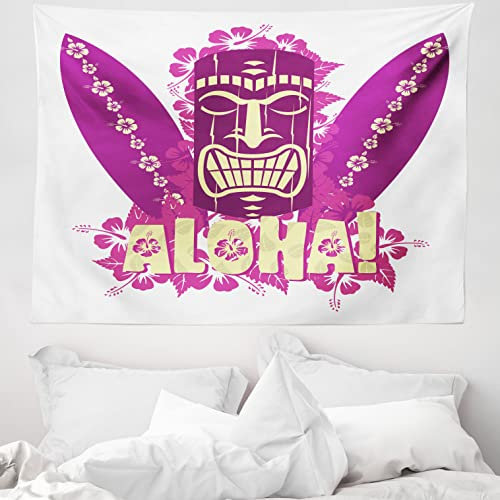 ABAKUHAUS Tiki-Bar Wandteppich, Tiki Culture Surfboards Hibiskus Hand gezeichnet Aloha Kunst, aus Weiches Mikrofaser Stoff Wand Dekoration Für Schlafzimmer, 150 x 110 cm, Blassgelb Heißes Rosa