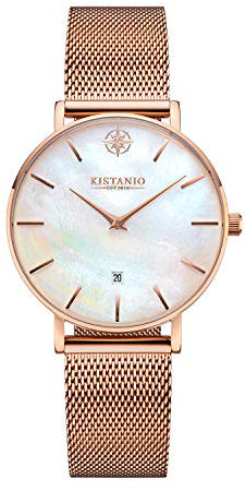 Kistanio Petit Damenuhr mit Milanaiseband Datum Edelstahl Rose Perlmutt Saphirglas RG-PM-M