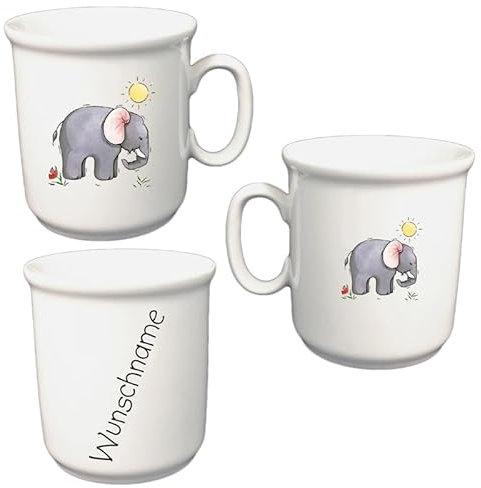 Kindertasse mit Namen Personalisierte Tasse aus Porzellan für Kinder Kakaobecher Tiermotive personalisierbar mit Wunschname Name Kindergeschirr mit Namen personalisiert (Elefant)