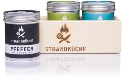 Strandküche 3er Gewürze Geschenkset Segeln 185 g I Bio Gewürze Set Basic mit Pfeffer Meersalz und Kräuter-Gewürzmischung I Exklusive Gewürze in handgefertigter Holzbox mit Geschenkbanderole