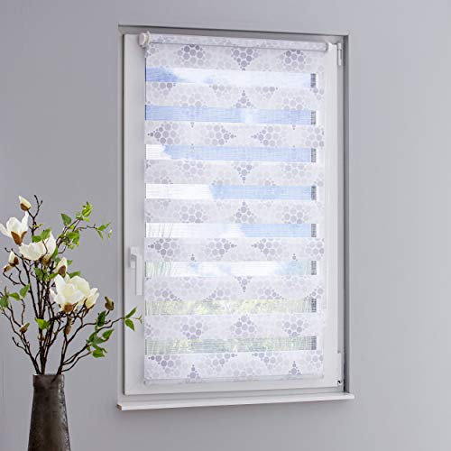 DECOLIA by Garesa Duo Rollo - Doppelrollo Klemmfix ohne Bohren 90 x 210 cm - Weißer Stoff mit grauen Kreisen, Fenster Sichtschutz und Lichtschutz, Mit Kettenzug
