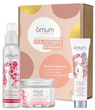 OMUM - Coffret Cadeau Futures Mamans 3 soins Bio : 1 Crème Massage La Confidente + 1 Huile Vergetures Surdouée + 1 crème visage Ma Jolie Peau - Naturel,France,Vegan,Compatible grossesse et allaitement