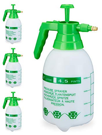 Relaxdays 4 x Pumpsprühflasche, einstellbare Messingdüse, Pflanzen Bewässerung, Pestizide, Putzmittel, 2l Drucksprüher, grün
