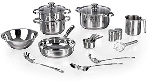 MAXXMEE 18-teiliges Koch- & Zubereitungsset | Inkl. 2-stufigem Dampfgarer | Topf und Pfanne mit Aluminium-Kapsel-Boden | Für alle Herdarten geeignet [Edelstahl ]