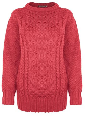 Generation Fashion New Ladies Women Aran Knit Long Sleeve Crew Neck Knitted Cable Jumper Sweater Pullover Top 8-30 (Pomegranate Red, 24-26)