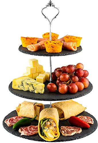 Nyxi Set of 5 Cake Stand 100% Natural Slate Round Rough Edges Display with New Fittings, Can be Used as 3 Tier, 2 Tier & Single Tier Stand Based on Your Need (5)