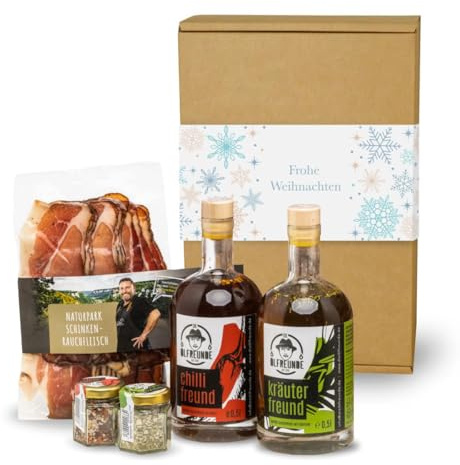 DIE ÖLFREUNDE Weihnachtsbox „Oh du Fröhliche“ |2 erlesene Speiseöle| Hochwertige kaltgepresste Öle | Nachhaltige Öle | Grobkörniges Salz| Leckeres Rauchfleisch| Geschenkidee