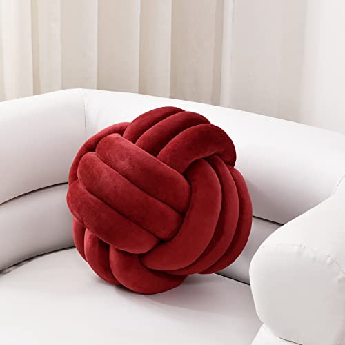 Sioloc Weicher Knotenball Kissen, Knotenkissen Wohndekoration Plüschkissen, Handgefertigtes Rundes Plüschknotenkissen für Stuhl Sofa Bett (27cm, Weinrot)
