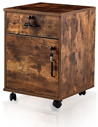 TUKAILAi Caisson de Bureau Mobile à 2 Tiroirs, Rangement Document avec roulettes Verrouillables en Bois, Petit Meuble de Rangement Mobile pour Dossiers Suspendus Format A4(Marron)