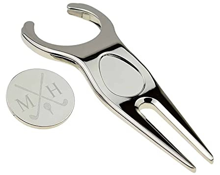 Polished Golf Divot Tool and Personalised Crossed Club Ball Marker with Initials in a Gift Box