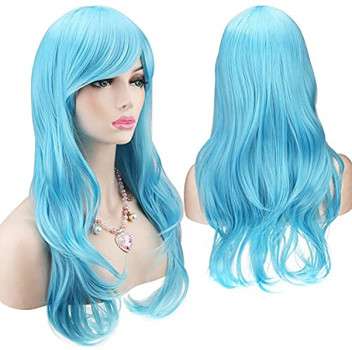 YEESHEDO Hellblau Cosplay Perücke für Frauen Langes Gewelltes Haar Synthetische Perücken mit Pony für Halloween Party Kostüm Anime 28 Zoll 70 cm