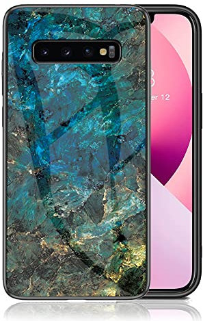 IMEIKONST Kompatibel mit Samsung Galaxy S10 Glitzer Hülle Gehärtetes Glas Rückseite + Stoßfest Weicher Bumper Handyhülle Marmor Ultradünne Schutzhülle für Samsung S10. Smaragd Blau LSM