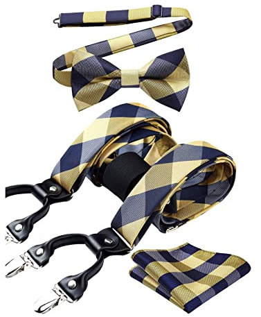 HISDERN Hosenträger Herren Gelb Kariert Mit 6 Extra Stark Clips Fliege und Hosenträger Einstecktuch Set Klassische Verstellbar Y Form Elastisch Hochzeit Braces