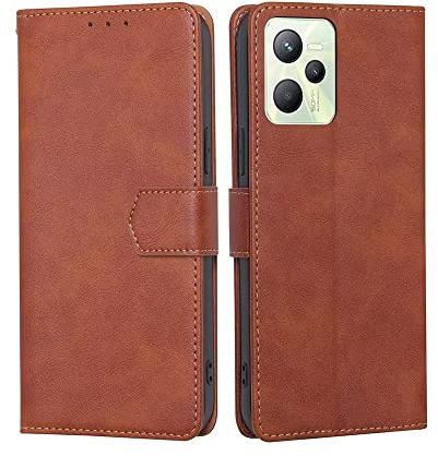 RankOne Funda Compatible con Realme C35 / Realme Narzo 50A Prime (6.6 Inches), Funda de Piel Tipo Folio Flip Protectora con Ranura para Tarjeta Carcasa - Marrón