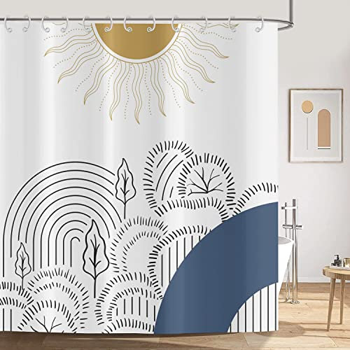 ASDCXZ Duschvorhang 180x240 cm Boho Style, Moderne Abstrakt Kunst Sonne Blätter Linien Weiß Bad Waschbar Duschvorhänge Polyester Textil Wasserdicht Duschvorhang für Badewanne mit 12 Haken
