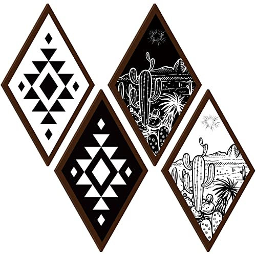 4 Stück Azteken-Wanddekoration Bauernhaus Zuhause Wanddekoration 30 x 17 cm Western Boho Wandkunst Holz Azteken Diamant Schild Kaktus Holz Geometrischer Diamant Rahmen Wandbehang für Schlafzimmer