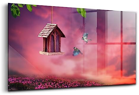 Wallfluent 120x60 cm Malerei an der Wand Zwei Anhänger Modern Fotografie Glasbild - Haus für Vögel