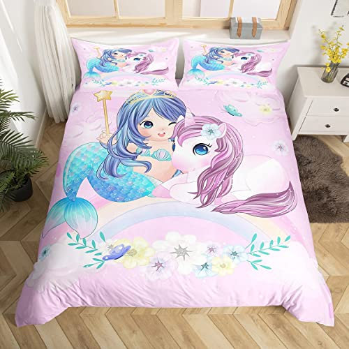 Ensemble de Literie Bleu Sirène pour Filles Housse de Couette Mignonne Licorne Housse Couette Les Enfants Rêvent Parure de Lit Arc-En-Ciel Féminin Couvre Lit Chic Fleuri 220x240,Décor de Chambre Rose