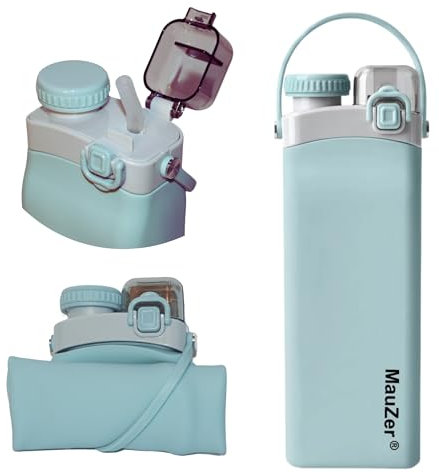 Mauzer® Faltbare Trinkflasche mit Strohhalm - Auslaufsicher, 600ml Wasserflasche aus Silikon, BPA frei - Ideal für Kinder, Sport, Reisen, Camping, oder Festival (Blau)