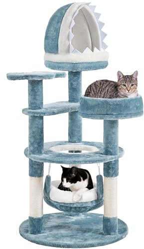 Yaheetech Meer Kratzbaum groß, Moderner Ozean Design Katzenbaum, mit Haifischmaul-Plattform Hängematte Sisalseil, 115 cm hoch, Blau-Weiß