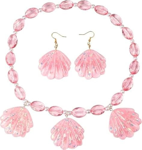 TRIXES Rosa Muschel-Schmuckset 2-teilig – Glitzer-Muschel-Halsketten- und Ohrring-Set – Kostümzubehör für Damen