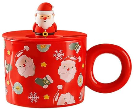 FYBlossom Weihnachten Becher Porzellan Kaffeetasse Kinder, 450ML Keramik Weihnachtsmann Tasse Süße Teetasse Kaffeebecher Mit Deckel, Weihnachten Deko Becher Für Espresso, Tee, Eistee