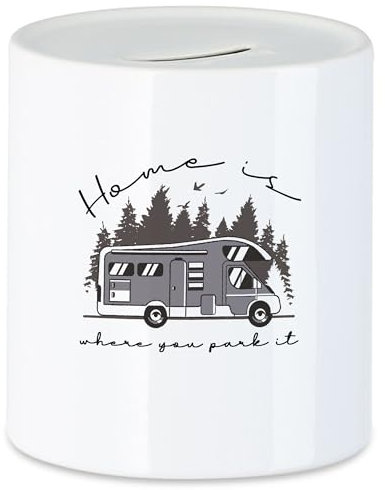 Hey!Print Camping Spardose mit Spruch Home is Where You Park it Geschenkidee für Camper Wohnmobil Wohnwagen