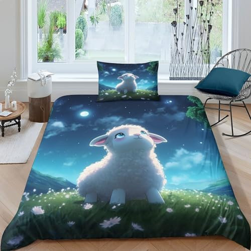 BARDYS Schafe auf der Wiese Kinder Bettwäsche-Sets Weiche Mikrofaser Cute Tiere Steppdeckenbezug Mit Reißverschluss 3D-Druck Bettbezug Und Kissenbezug Für Jungen Mädchen Single(135x200cm)