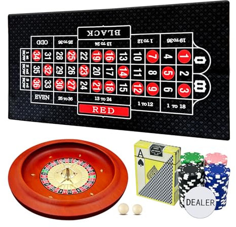 Ygebet 27,9 cm massives Roulette-Rad Set für Erwachsene, mit 47,2 x 22,8 Zoll doppelseitiger Tisch-Layout-Filzmatte, 100 ABS-Chips, und Dealer-Knopf-Spielkarten, Casino-Roulette-Spielsets