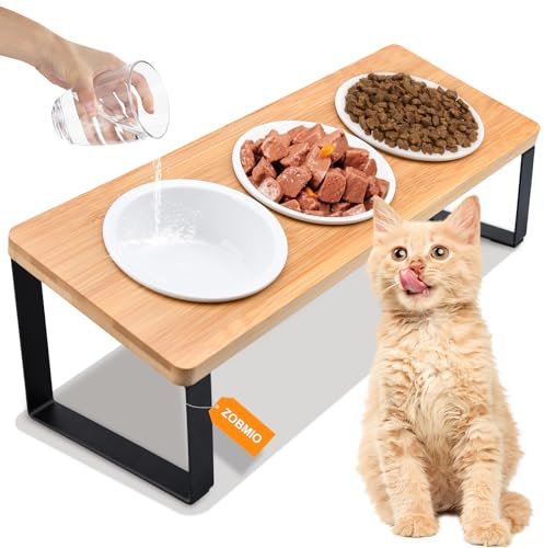 ZOBMIO 3 Pcs Gamelle Chat et Chien Surélevée - Support 15° Incliné Avec Tapis, 12cm Céramique pour Petit Animal